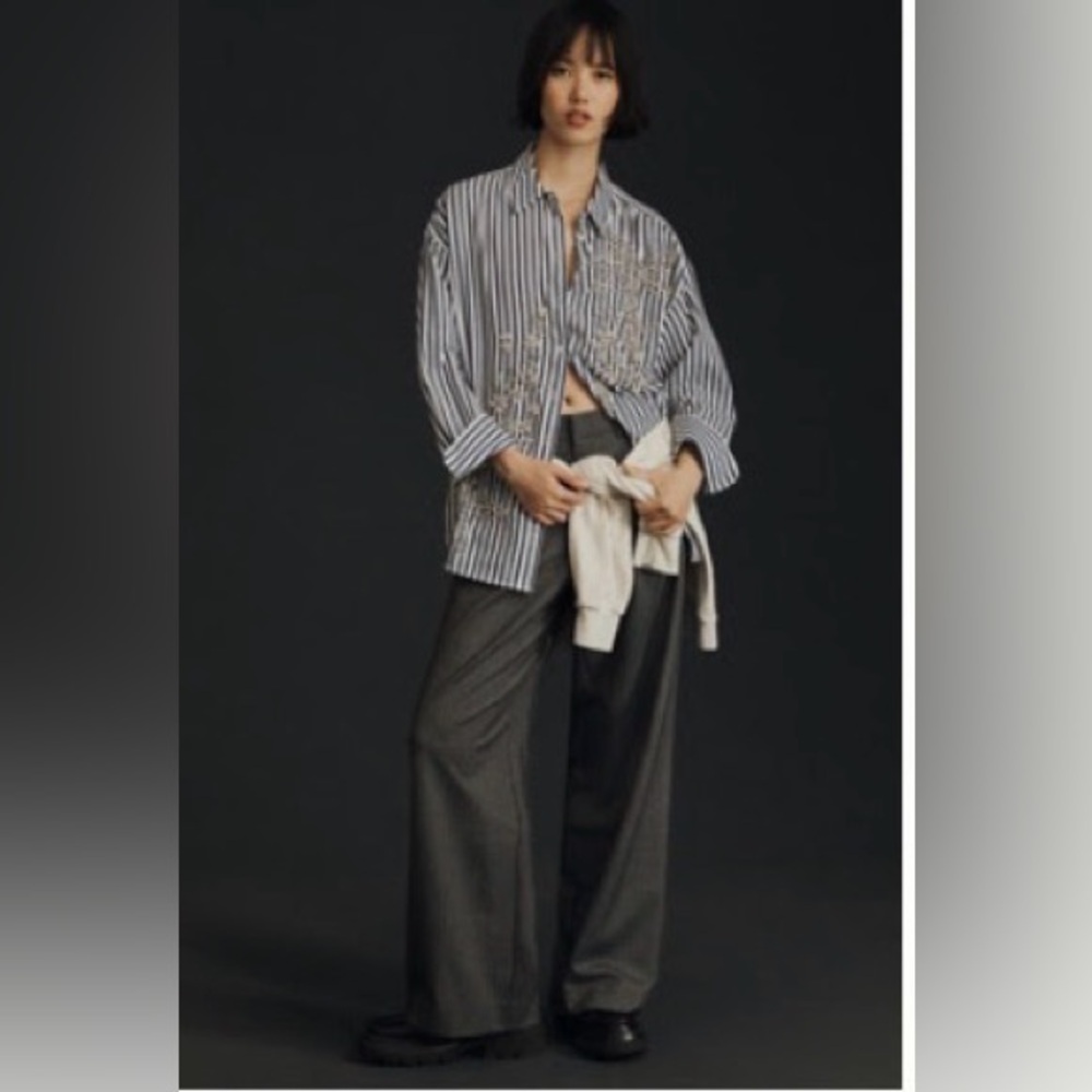 Maeve Navy/ White Jeweled Striped Button Down Shirt